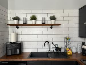 a kitchen counter with a sink and some plants at Modern 1 & 2 Bedroom Apartments near Queens University Belfast by MonoStays in Belfast