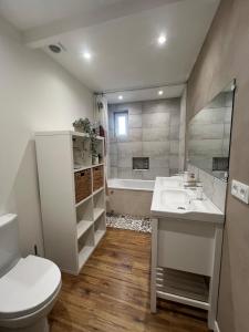a bathroom with a toilet and a sink and a tub at Charmante ferme familiale in Guitalens +11 photos