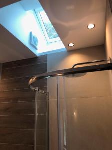 a bathroom with a glass shower with a skylight at L'étape Impressionniste in Croissy-sur-Seine