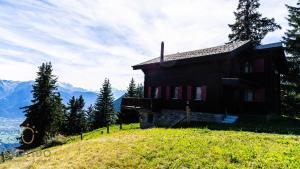 a house on a hill with mountains in the background at Soldanella Chalet, Riederalp Golmenegg in Riederalp +10 photos