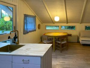 eine Küche mit Spüle und Tisch in einem Zimmer in der Unterkunft Holiday Home Between Beach And Forest On Mors in Sillerslev