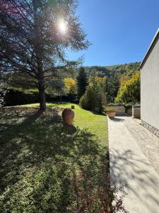 a yard with a tree and a sidewalk at Castelvetri B&B in Castiglione dei Pepoli +23 photos