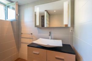 a bathroom with a sink and a mirror at Charmante Bergerie in Castet +21 photos