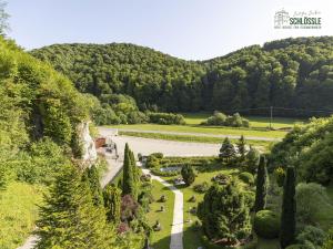 Blick auf einen Garten mit Bäumen und eine Straße in der Unterkunft Schloss Seeburg in Seeburg