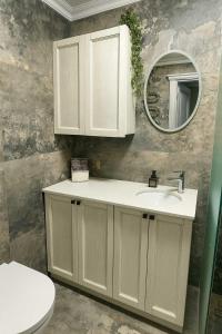 a bathroom with a sink and a mirror at Draugystės Apartments - Šiauliai Center in Šiauliai