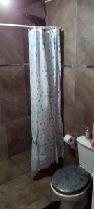 a shower curtain in a bathroom with a toilet at Depto alem in Leandro N. Alem