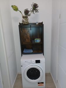 een wasmachine en droger in een hoek van een kamer bij Henry in Schiffweiler