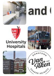un groupe de quatre logos différents pour différents bâtiments dans l'établissement Private suite near Cleveland Clinic, à Shaker Heights