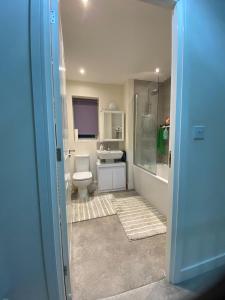 un bagno con wc, doccia e lavandino di Moore Place a Houghton Regis