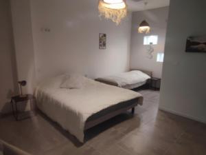 una camera da letto con due letti e un lampadario di chambres dans maison vigneronne a Peyriac-de-Mer