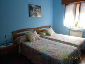 two beds in a bedroom with blue walls at Hotel Alto de las Estazadas in Canales