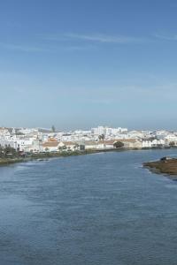 Blick auf einen Fluss mit einer Stadt im Hintergrund in der Unterkunft Un acogedor complejo compuesto de 5 apartamentos in Barbate