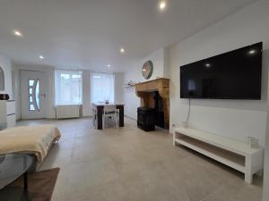 una camera da letto con una grande TV a schermo piatto a parete di Charmante maison de pierre rénovée a 5min de Charleville-Mézières a Saint-Marceau