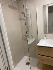 a glass shower in a bathroom with a sink at Apartamento Boston in Zaragoza +7 photos