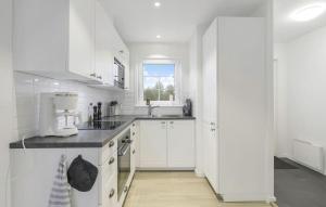 Østerby HavnにあるGorgeous Apartment In Læsø With House Sea Viewの白いキャビネットと窓付きの白いキッチン