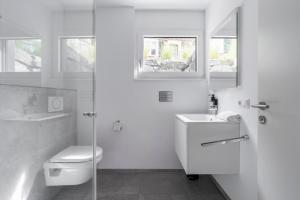 フェルトキルヒにあるhomy City Diamant in Feldkirch, Grenznähe und doch Zentralのトイレと洗面台を備えた白いバスルーム +14枚の写真