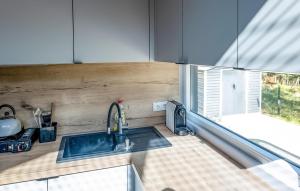 une cuisine avec un évier et une fenêtre dans l'établissement Gorgeous Home In Lubicz With Wifi, à Józefowo