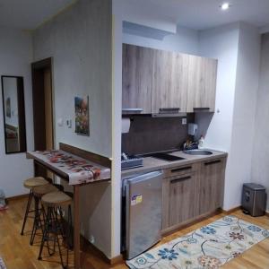a kitchen with wooden cabinets and a counter top at Apartman Iva Brzeće-Kopaonik in Brzeće +13 photos