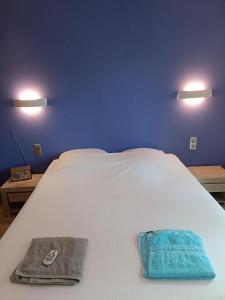 a white bed with two towels on top of it at Chambre privée 2 - Chez Vincent - Gare - Centre ville Appartement Partagé -WIFI in Annecy