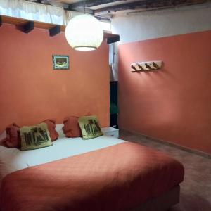 a bedroom with orange walls and a bed with pillows at Cabañas Los Nonos in El Bolsón