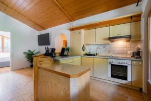 a large kitchen with wooden cabinets and a counter top at homy Alpine Deluxe Chalet in St Anton im Montafon in Sankt Anton im Montafon