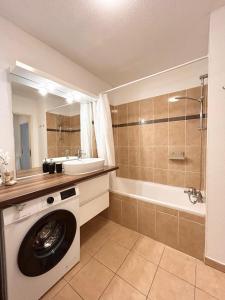 une salle de bain avec un lavabo et une machine à laver dans l'établissement Logement 2 pièces cosy avec parking privé, à Strasbourg