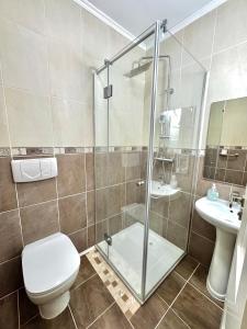 Un baño con ducha, inodoro y lavabo. en Pensiunea Elis, en Pescari