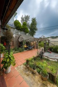 einen Garten mit Topfpflanzen auf einer Terrasse in der Unterkunft Ri's Garden Homestay - Nhà gỗ bên sườn đồi in Da Thien