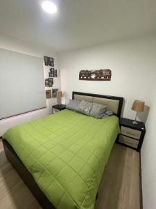 a bedroom with a green bed and two night stands at Hispalis hostel in Coquimbo