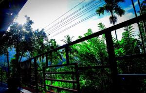 a wooden fence with the sun in the sky at Mountain Breeze Villa in Ella