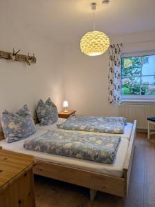 a bedroom with two beds and a chandelier at Ferienwohnung Ramona - idyllisch und charmant in Kirchdorf im Wald