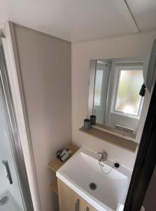 a bathroom with a sink and a mirror at Cosy Mobil-Home climatisé in Aureilhan +16 photos