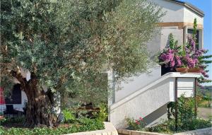 a tree in front of a white house with flowers at Gorgeous Apartment In Palit in Palit