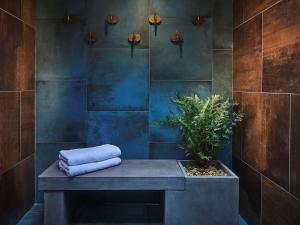a bathroom with a bench with a potted plant at Craig y Don in Menai Bridge +78 photos