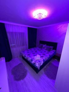 a purple bedroom with a bed with purple lighting at Relax Loft in Oradea +3 photos