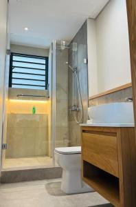 a bathroom with a shower and a toilet and a sink at Asmara Mauritius Oceanfront Retreat in Petite Case Noyale