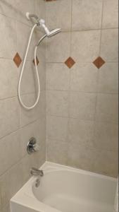 a shower with a shower head in a bathroom at Paradise Beach West in Indialantic