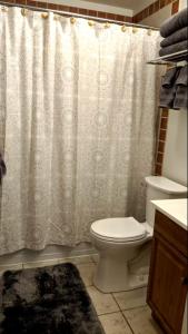 a bathroom with a toilet and a shower curtain at Paradise Beach West in Indialantic +11 photos