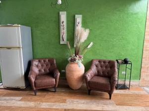 a green wall with two chairs and a vase with flowers at Espaço Varanda in Sao Paulo