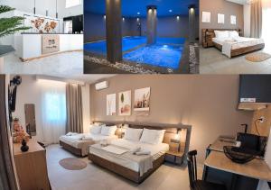 カヴァラにあるUrbanBay Hotel & Spaのベッドとスイミングプール付きの客室です。