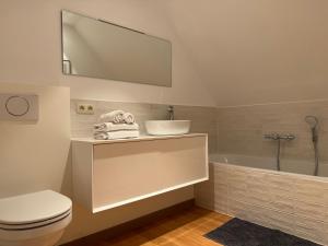 ディクスムイデにあるBiervlietmolen Vakantiewoningの洗面台、トイレ、浴槽を備えたバスルーム