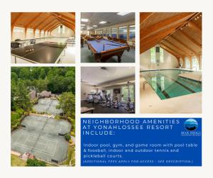 Un collage de fotos de una cancha de tenis y una mesa de billar. en Great Escape at Yonahlossee, en Blowing Rock