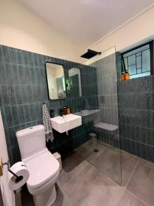 a bathroom with a toilet and a sink and a mirror at Twice Central Garden Cottage in Stellenbosch