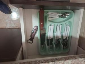 a drawer with utensils in a cupboard at Frutos de la Tierra in Comodoro Rivadavia