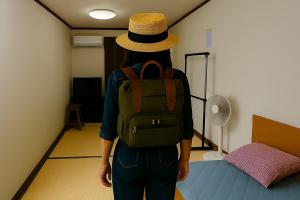 Una persona que lleva un sombrero y una mochila en una habitación. en Minsyuku Okinawa Kubotaso - Vacation STAY 87482v, en Okinawa City