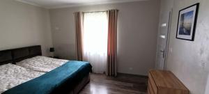 a bedroom with a bed and a large window at Apartamenty Modrzewiowe Tarasy in Chojnice