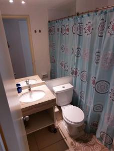 a bathroom with a toilet and a sink and a shower curtain at Departamento en Condominio Laguna Bahía Algarrobo in Algarrobo +6 photos