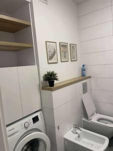 a bathroom with a washing machine and a toilet at APATRAMET Królowej Jadwigi 12A in Giżycko