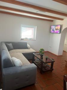 ein Wohnzimmer mit Couch und Tisch in der Unterkunft Etno selo EKO POGLEDI in Požega