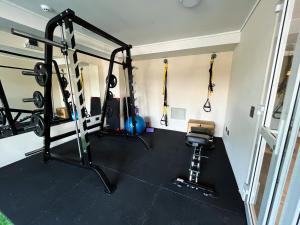 ein Zimmer mit einem Fitnessraum mit zwei Laufbändern in der Unterkunft Apartamento en Ñuñoa, estacionamiento, Estadio Nacional, Piscina in Santiago
